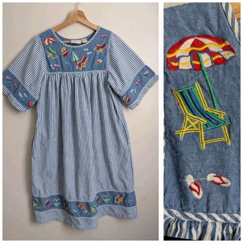 Vintage Go Softly Mumu Dress Blue Stripe Cotton Chambray Beach Summer Embroidery
